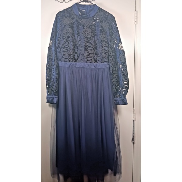 Anewsta Dresses & Skirts - NWT Womens Maxi Dress 12 BLUE BLACK Mesh Floral Long Sleeve dark elegant formal